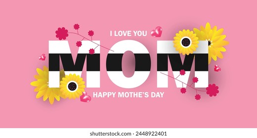 Happy mother's day vector design. Mother's day greeting card with mom text in pink background for mommy celebration decoration