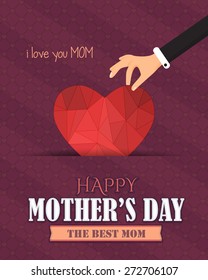 Happy Mother's Day Vector Design. Announcement and Celebration Message Poster, Flyer. Polygonal Heart Symbol Hold Hand