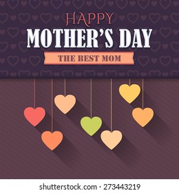 Happy Mother's Day Vector Design. Hanging Style Flat Heart Symbols. Retro Style Announcement and Celebration Message Poster, Flyer