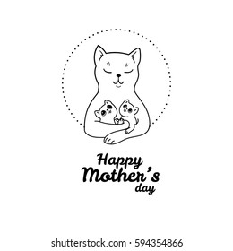 Happy Mothers Day. Vector design element, greeting card template. Illustration of mother cat with her adorable baby kittens