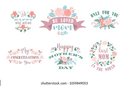 Happy Mothers Day. Vector emblems with lettering and flowers.