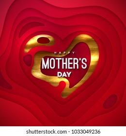 Happy Mothers Day. Vector festive papercut illustration. Layered paper heart shape with golden texture. Holiday realistic banner. Decoration element for postcard design. I love you mom