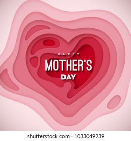 Happy Mothers Day. Vector Festive Papercut Illustration. Layered Paper Heart Shape. Holiday Realistic Banner. Decoration Element For Postcard Design. I Love You Mom