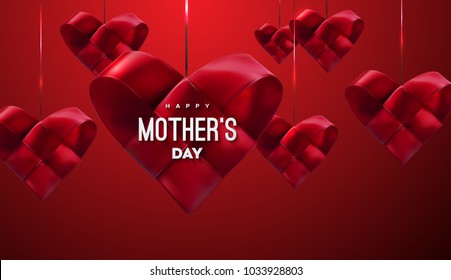 Happy Mothers Day. Vector Festive Illustration. Red Woven Ribbon Heart Shapes. I Love You Mom. Holiday Realistic Banner With Hanging Hearts. Decoration Element. Sale Or Special Offer Sign Design