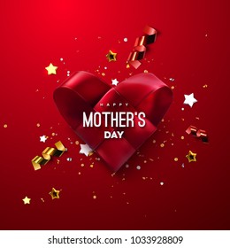 Happy Mothers Day. Vector festive illustration. Red woven ribbon heart with confetti glitters. Holiday realistic banner with shiny particles. Decoration element. Sale or special offer sign design