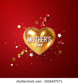 Happy Mothers Day. Vector festive illustration. Golden glossy heart shape with tinsel, stars, confetti glitters. Holiday realistic banner. Decoration element for postcard design. I love you mom