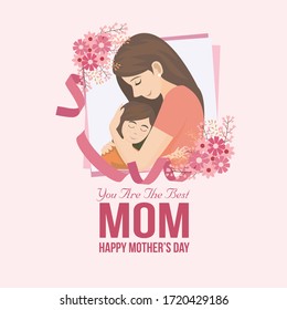 Happy Mothers Day. Vector Festive Holiday Illustration With Lettering And Pink Ribbon And Flowers