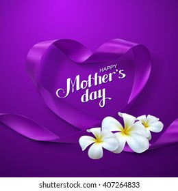 Happy Mothers Day. Vector Festive Holiday Illustration With Lettering And Violet Ribbon Heart And Flowers