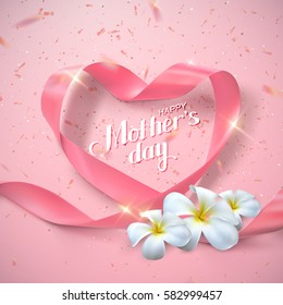 Happy Mothers Day. Vector Festive Holiday Illustration With Lettering, Pink Ribbon Heart, Flowers And Sparkling Confetti Glitters