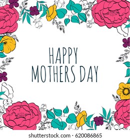 Happy Mothers Day. Vector Festive Holiday Illustration With Lettering And painted Flowers. Sketch, design elements.