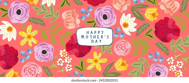 Happy Mother's Day. Vector gouache modern cute floral illustration of peony flower, rose, plant, bouquet, pattern, leaf, for greeting card, coral background, invitation or banner