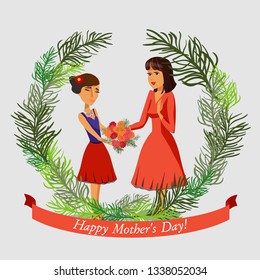 Happy Mothers Day Vector Greeting Card Concept. Girl giving Bunch of Flowers Flat Illustration with Lettering. Mother and Daughter, Parent and Child Cartoon Characters. Pine Needles Frame