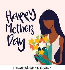 Happy mothers day vector greeting card. Lovely mommy with a bouquet of flowers.Love mom illustration. Great for social media.