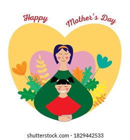 Happy mother's day vector greeting card template with mom and daughter