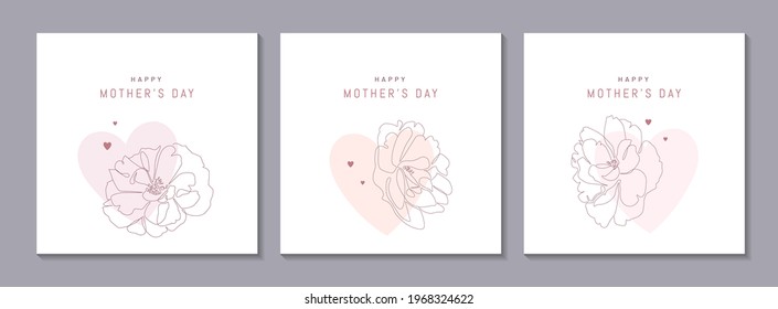 Happy Mother's Day vector greeting cards set with elegant flowers and pastel colored hearts on white. Continuous line minimalist style illustration