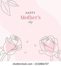 Feliz Día de la Madre tarjeta de saludo vector con hermosas flores y corazones. Dibujo de una sola línea de rosa. ilustración para banner