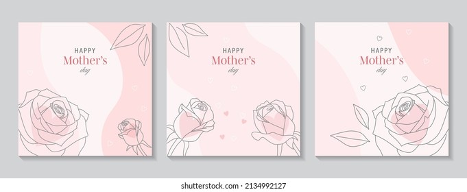 Happy Mother's Day vector greeting cards set with beautiful flowers and hearts. Rose single line drawing. illustration for banner