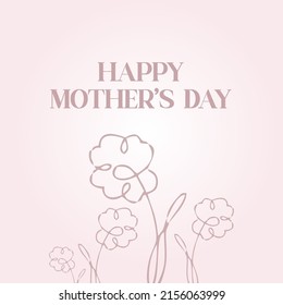 Happy Mother's Day vector greeting card set with beautiful flowers and hearts. Single line drawing roses on pink background. One line minimalist style illustration for banner