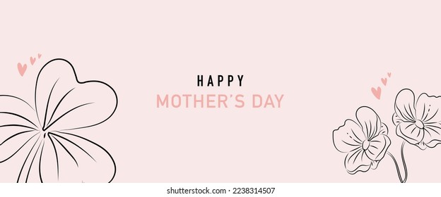 Happy Mother's Day vector greeting card set with beautiful flowers and hearts. Line drawing of flowers. One line minimalist style illustration for banner