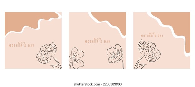 Happy Mother's Day vector greeting card set with beautiful flowers and hearts. Line drawing of flowers. One line minimalist style illustration for banner