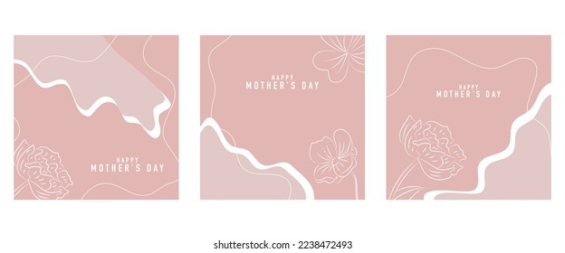 Happy Mother's Day vector greeting card set with beautiful flowers and hearts. Line drawing of flowers. One line minimalist style illustration for banner