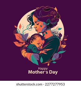 Happy Mother's Day, vector greeting design. character mom with children illustration