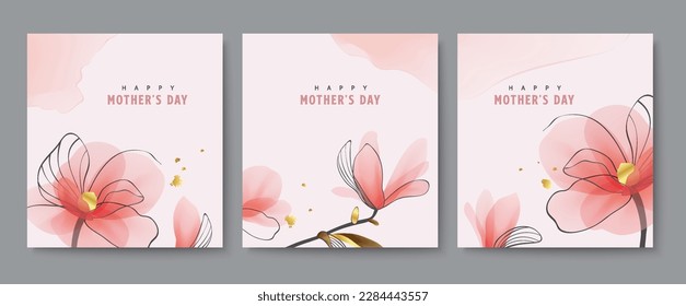 Happy Mother's Day vector greeting cards set. Luxury minimal style wallpaper with golden line art flower and botanical leaves, watercolor. Vector background for banner, poster