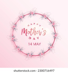 Happy Mother's Day vector greeting cards set with beautiful flowers  in a circle on pink background