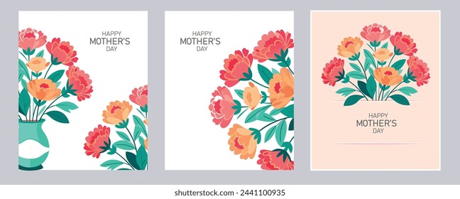 Happy Mother's Day vector greeting cards set. Carnation flower modern style. pastel colors 