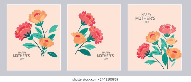 Happy Mother's Day vector greeting cards set. Carnation flower modern style. pastel colors 