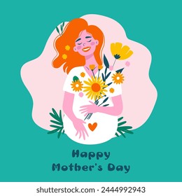 Happy Mothers Day vector greeting happy woman with flowers in a cartoon flat style. Vector greeting card for mom mother pregnant woman.