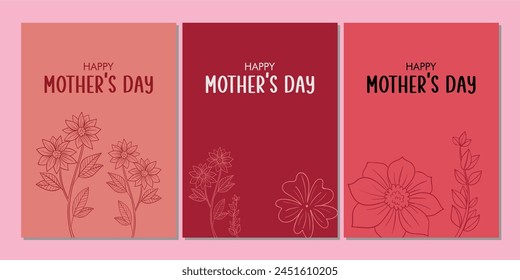 Happy Mother's Day Vector Greeting Card Design Templates pack with flowers and leaves. Mother's Day gift card design templates pack in pink color shades. Editable EPS file.