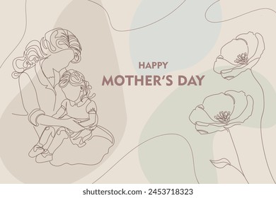 Happy Mother's Day vector greeting background with line art Mom and Baby character. One line minimalist style illustration for banner, web, social media, poster, flyer, wallpaper