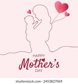 Happy Mother's Day vector greeting cards with beautiful flowers and hearts.  One line minimalist style illustration for banner