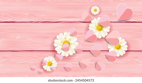 Happy Mother's Day vector greeting card for best mom beautiful flowers and hearts, ribbons banners isolated. Rose and Chamomile on pink wood background. Modern minimalist style illustration template