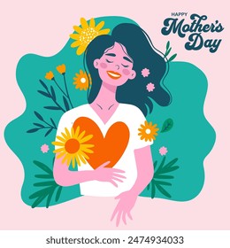 Happy Mothers Day vector greeting happy woman smile with flower bouquet in a cartoon flat style. Vector greeting birthday and holiday love card for mom mother