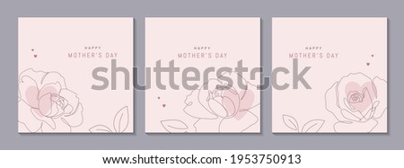 Happy Mother's Day vector greeting cards set with beautiful flowers and hearts. Rose single line drawing with on pink background. One line minimalist style illustration for banner