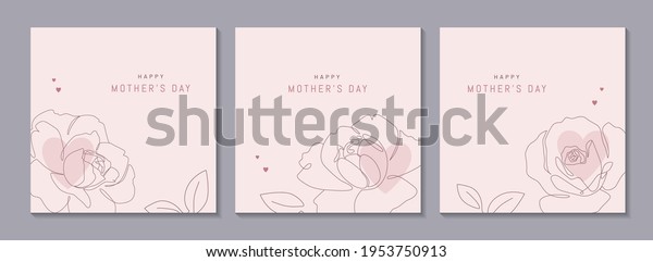Happy Mother\'s\
Day vector greeting cards set with beautiful flowers and hearts.\
Rose single line drawing with on pink background. One line\
minimalist style illustration for\
banner