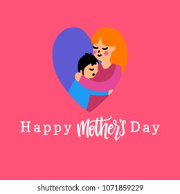 Happy Mother's Day, vector hand lettering. Illustration of mother with child in heart shape for greeting card, festive poster etc.