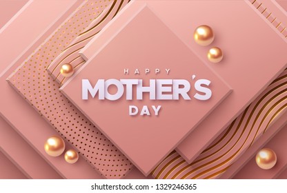 Happy Mothers Day. Vector holiday illustration of white paper label on abstract coral shapes background. Realistic 3d banner. Geometric decoration. I love you mom. Holiday sale or offer sign