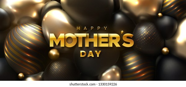 Happy Mothers Day. Vector holiday illustration of golden label on abstract 3d background with black and golden spheres. Realistic 3d banner. I love you mom. Holiday sale or offer sign