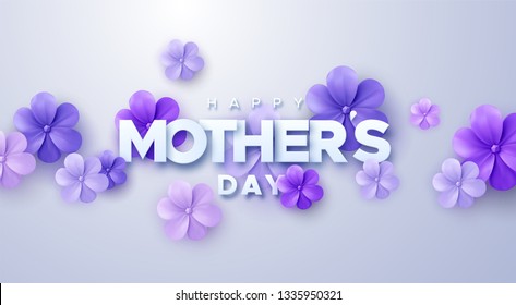 Happy Mothers Day. Vector Holiday Illustration With Colorful 3d Paper Flowers And Text Label. Realistic 3d Spring Banner. I Love You Mom. Holiday Sale Or Offer Sign