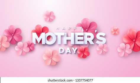 Happy Mothers Day. Vector holiday illustration with colorful 3d paper flowers and text label. Realistic 3d spring banner. I love you mom. Holiday sale or offer sign