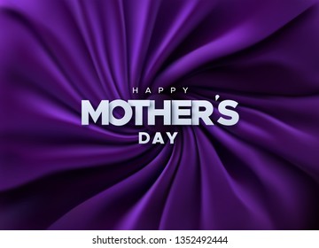 Happy Mothers Day. Vector holiday illustration of white paper label on purple velvet fabric background. Realistic 3d banner. I love you mom. Holiday sale or offer sign