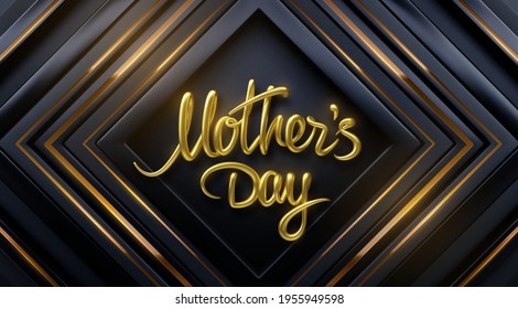 Happy Mothers Day. Vector holiday illustration. 3d golden lettering sign with black and gold concentric square frames. Festive banner design.