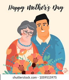 Happy Mothers Day. Vector illustration with man, woman and flowers. Design element for card, poster, banner, and other use.