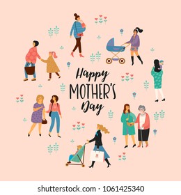 Happy Mothers Day. Vector illustration with women and children. Design element for card, poster, banner, and other use.