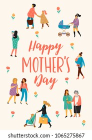 Happy Mothers Day. Vector illustration with women and children. Design element for card, poster, banner, and other use.