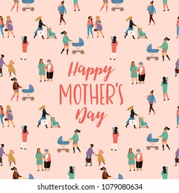 Happy Mothers Day. Vector illustration with women and children. Design element for card, poster, banner, and other use.