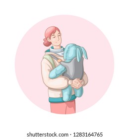 Happy Mother's Day. Vector illustration of cartoon style young mother walking outdoors with her newborn child in baby carrier for your design
